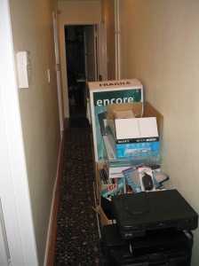 The hallway is a great place to store things. Walking sideways burns more calories than just walking straight.