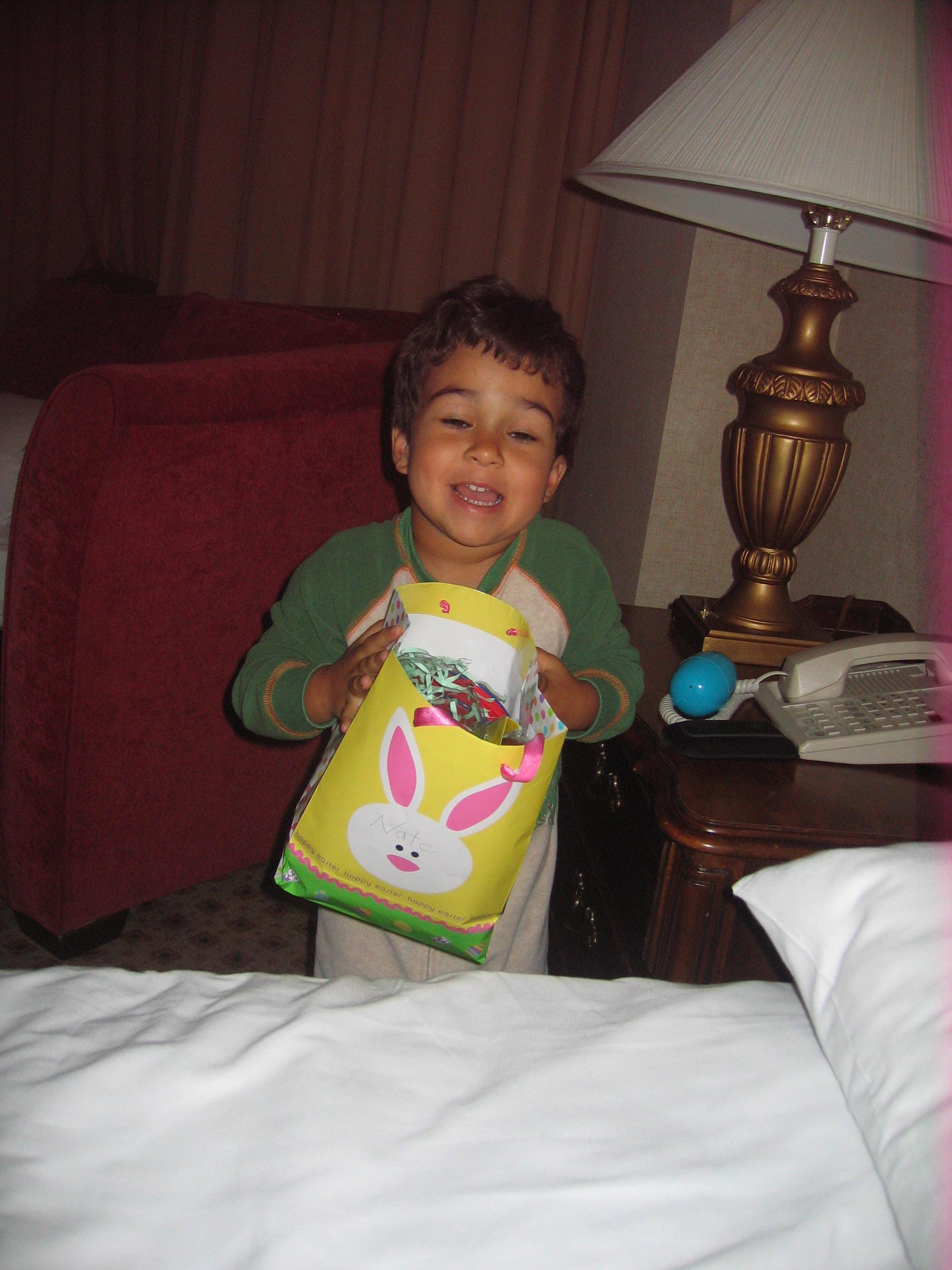 Look at that proud boy. Nate found his Easter bag! (bags fold up and fit into your suitcase...baskets, not so much. How smart is that Easter Bunny?)